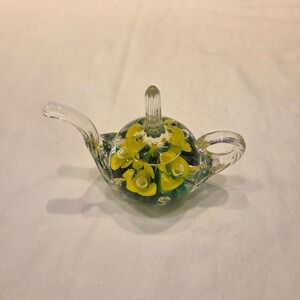 Joe Rice St Clair Art Glass Miniature Teapot Paperweight Yellow Flower Signed